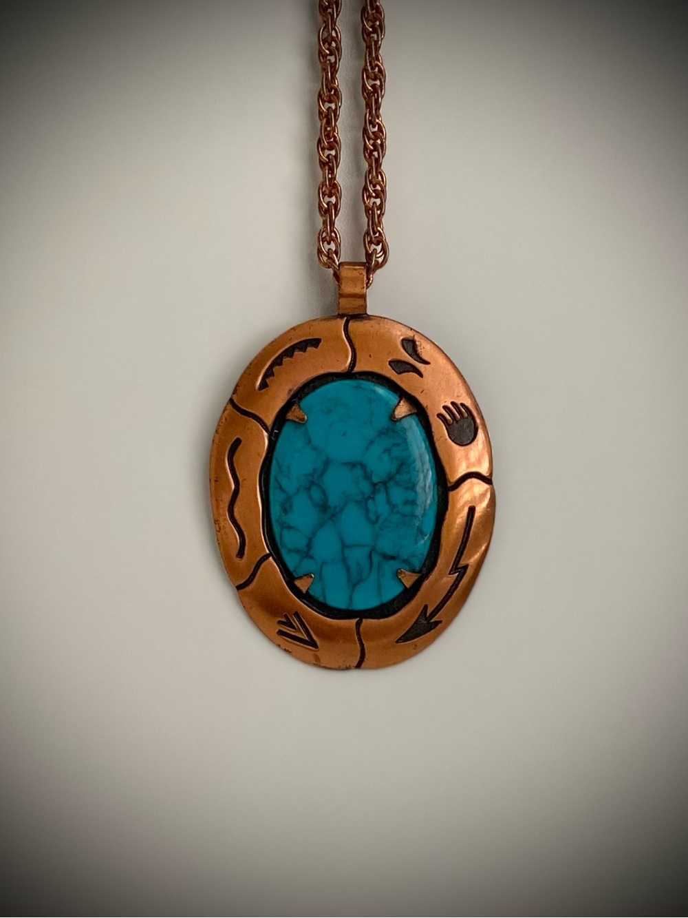 Vintage Bell Trading Post Faux Turquoise Pendant in Solid Copper Necklace